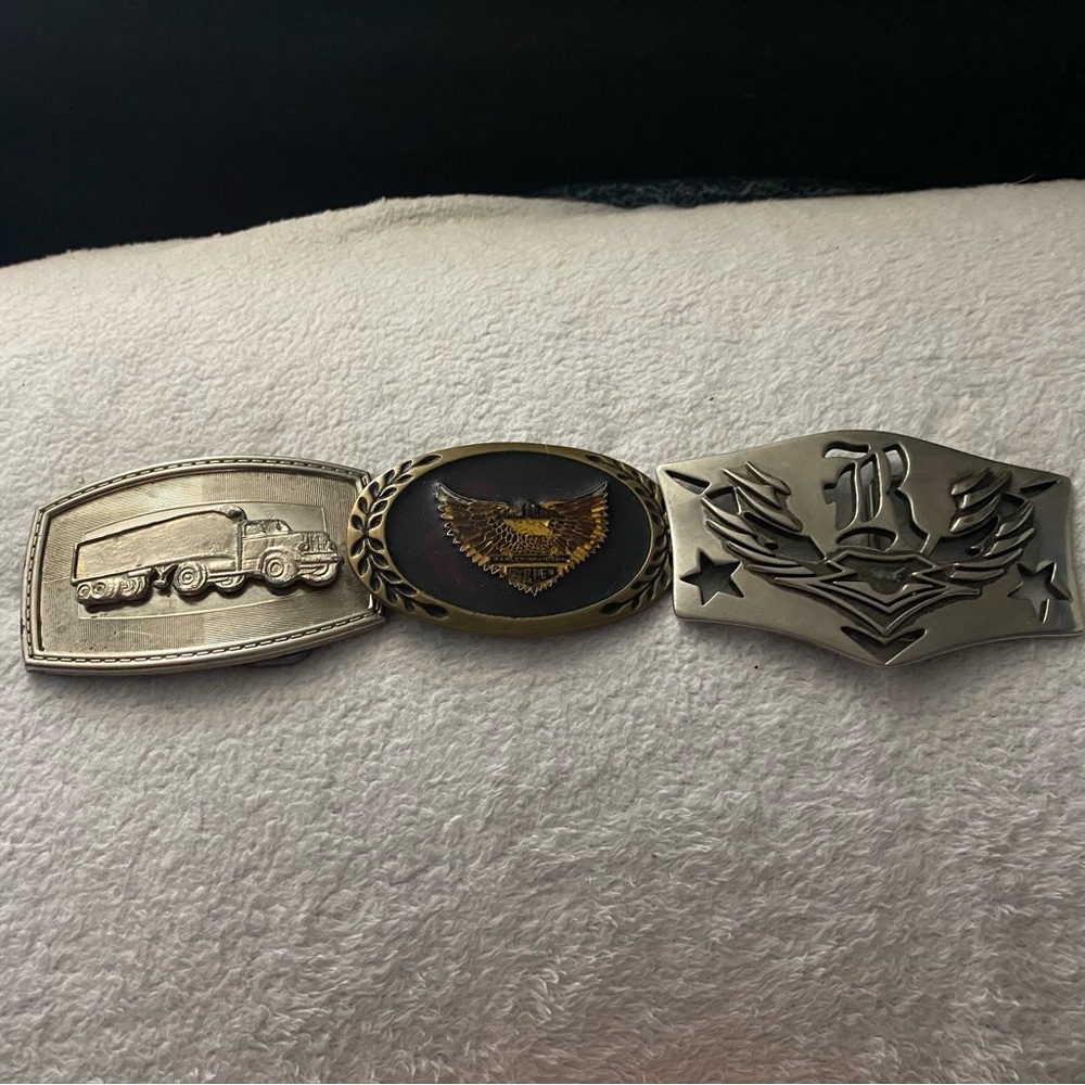 Batch Of Three Vintage‎ Belt Buckles Including Brass Harley Davidson